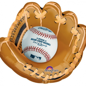 Brown glove with white baseball, 25” mylar helium baseball glove balloon from Just Peachy in Little Rock, Arkansas.