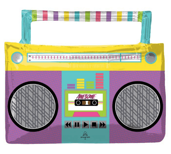 Purple, teal, and yellow, 27” mylar helium boombox balloon, from Just Peachy in Little Rock, Arkansas.