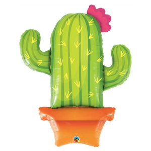 Light and dark green cactus with hot pink flower bloom in a terra cotta flower pot, 39” mylar helium cactus balloon, from Just Peachy in Little Rock, Arkansas.
