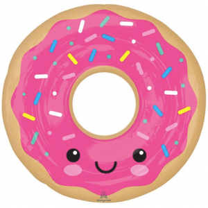 Product image for mylar donut helium balloon with pink frosting, confetti sprinkles, and smiley face, 27 inches tall, from Just Peachy in Little Rock, Arkansas.