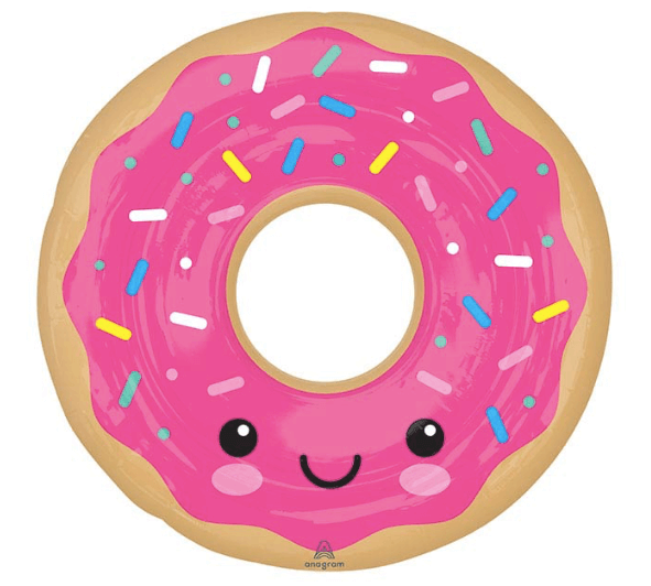 Product image for mylar donut helium balloon with pink frosting, confetti sprinkles, and smiley face, 27 inches tall, from Just Peachy in Little Rock, Arkansas.