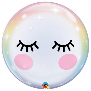 Product image for transparent bubble helium balloon with pastel accents, eyelashes and rosy cheeks, 22 inch sphere, from Just Peachy in Little Rock, Arkansas.