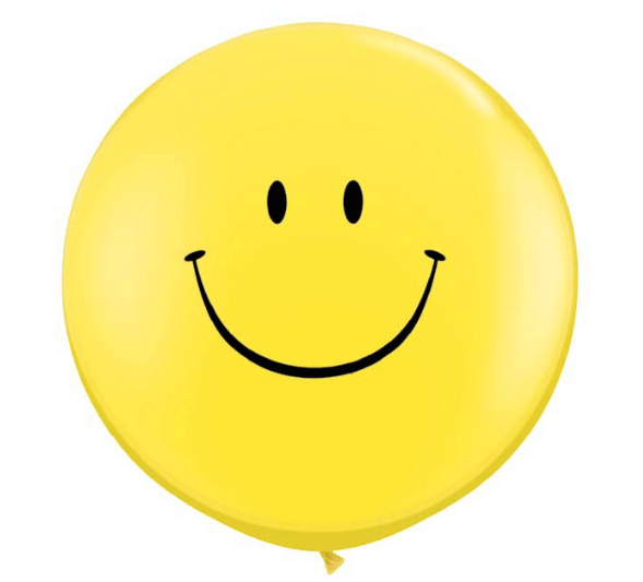 Product image for yellow smiley face giant latex helium balloon, 36 inches tall, from Just Peachy in Little Rock, Arkansas.