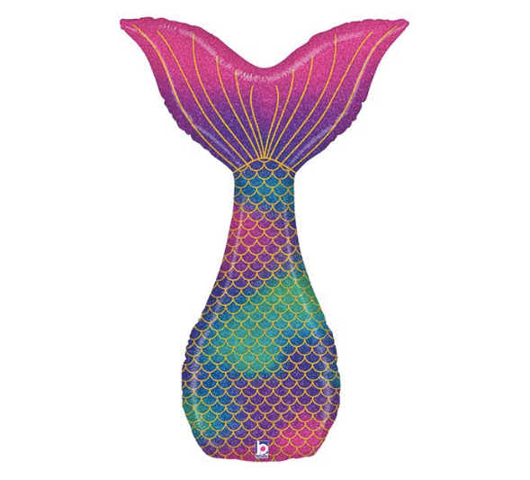 Mermaid tail helium mylar balloon in shades of sea green, purple and fuchsia with metallic gold accents, 46 inches tall, from Just Peachy in Little Rock, Arkansas.