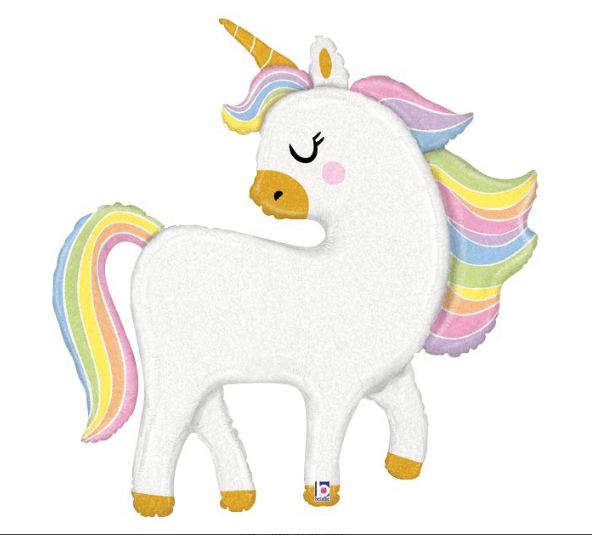 White unicorn helium mylar balloon with pastel rainbow mane and tail, 48 inches tall, from Just Peachy in Little Rock, Arkansas.
