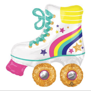 Product image for white roller skate mylar helium balloon with rainbow stripe, pink brake, teal laces, and yellow high top, 30 inches tall, from Just Peachy in Little Rock, Arkansas.