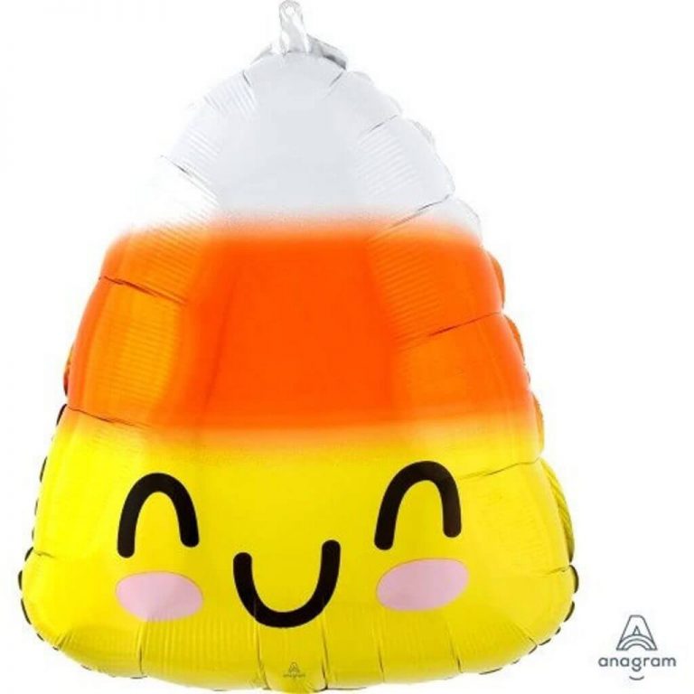 Orange, yellow, and white smiling Halloween Candy Corn mylar foil balloon for helium bundles or balloon installations from Just Peachy.