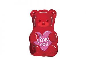Red gummy bear with pink heart that says I Love You balloon for Valentine’s Day from Just Peachy in Little Rock.