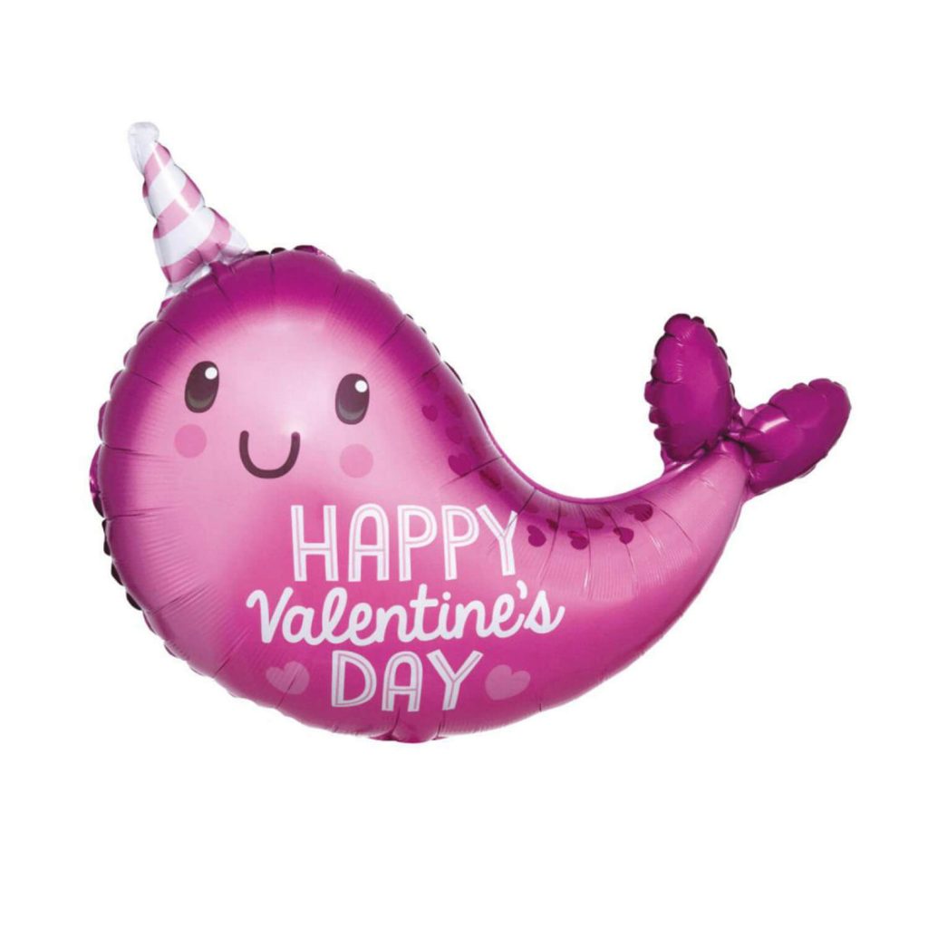 Rose pink narwhal balloon with striped horn and text “Happy Valentine’s Day“ available at Just Peachy in Arkansas.