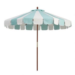 Aqua and white stripe umbrella rental for showers and parties available from Just Peachy in Little Rock.
