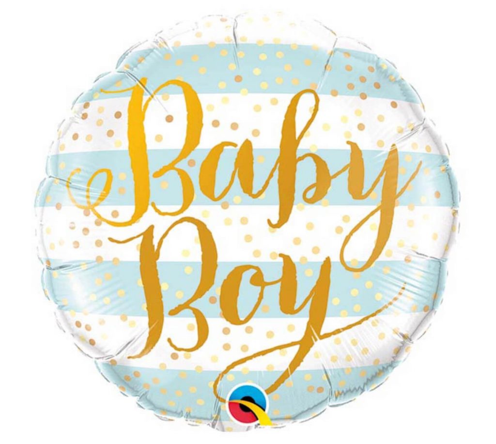 Blue striped mylar foil helium balloon with gold script reading “Baby Boy” for your baby shower from Just Peachy.