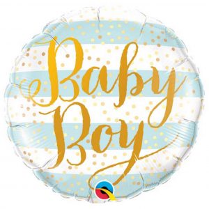 Blue striped mylar foil helium balloon with gold script reading “Baby Boy” for your baby shower from Just Peachy.