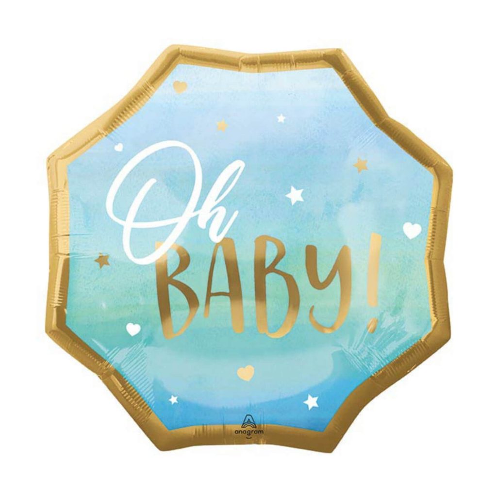 Blue ombre mylar foil helium balloon with gold script reading “Oh Baby” and gold trim for your baby boy from Just Peachy.