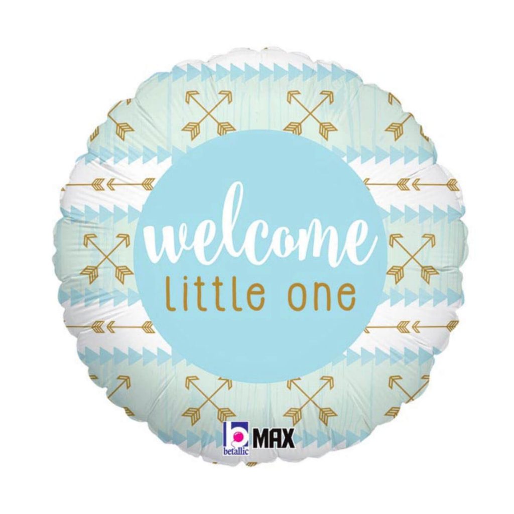 Blue printed mylar foil helium balloon reading “Welcome little one” from Just Peachy.