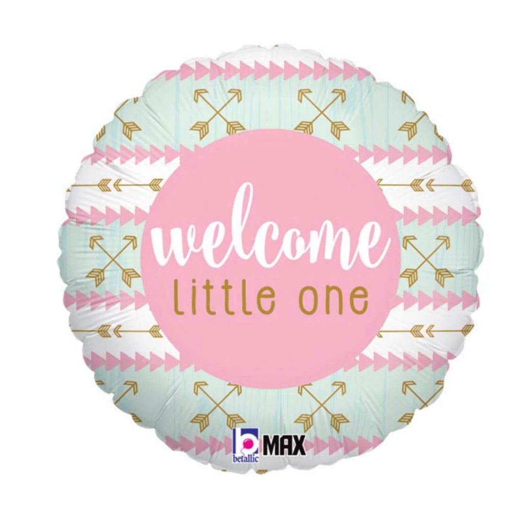 Pink printed mylar foil helium balloon reading “Welcome little one” from Just Peachy.