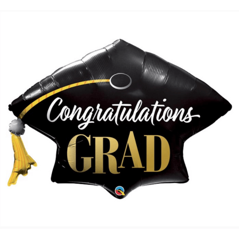 Black and gold mylar balloon with text Congratulations Grad available from Just Peachy in Little Rock.