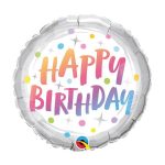 Round white mylar helium balloon with rainbow text reading Happy Birthday available at Just Peachy.