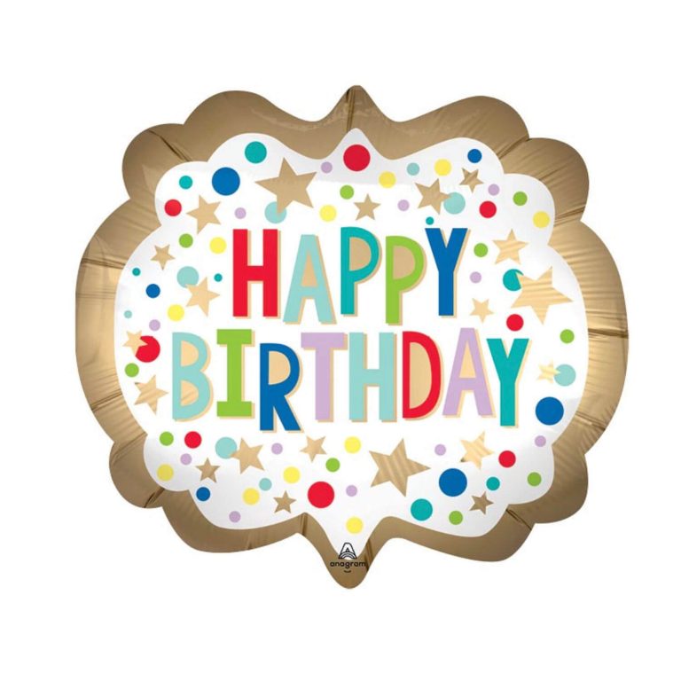 White 25 inch foil mylar helium balloon with bright polka dots and happy birthday text from Just Peachy.