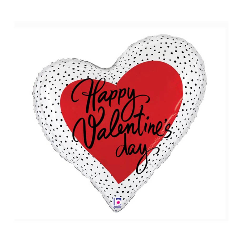 Large red heart with black and white polka dots around text reading Happy Valentine’s Day mylar balloon from Just Peachy.