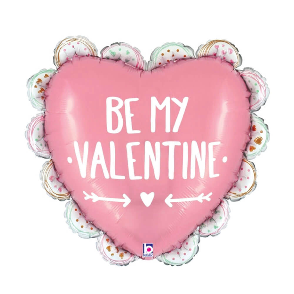 Rose pink ruffled edge heart shaped mylar helium balloon that reads “Be My Valentine” from Just Peachy in central Arkansas.