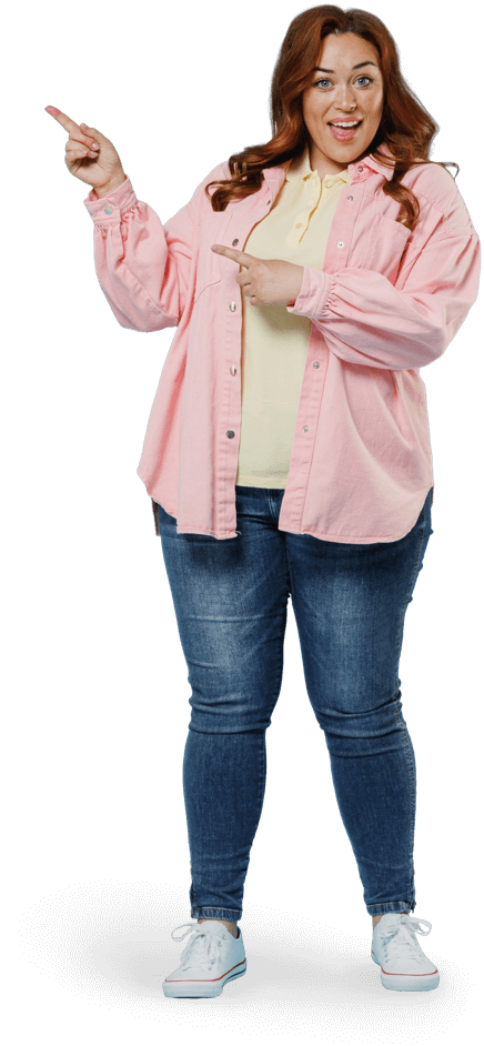 Woman in pink shirt pointing